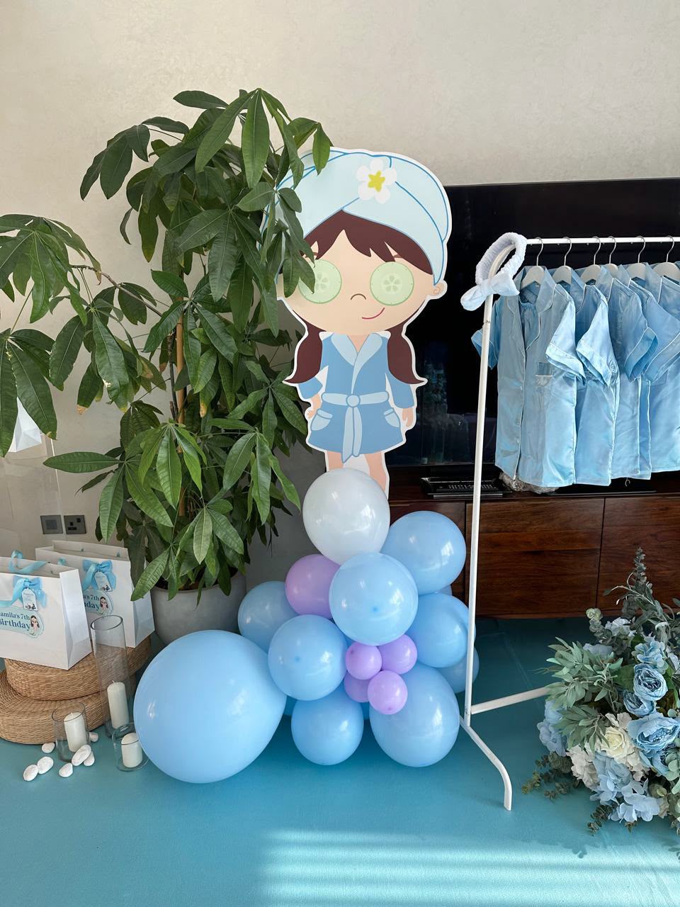 Spa Kids Welcome stand, Spa girl kids figure, flower arrangment, balloons  - pink,purple, light blue, white (rent)