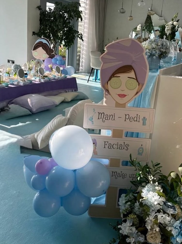 Spa Kids Welcome stand, Spa girl kids figure, flower arrangment, balloons  - pink,purple, light blue, white (rent)