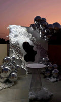 Backdrop (photo zone) with silver  balloons, balls and flowers — white, silver, neon, lighting (rent)