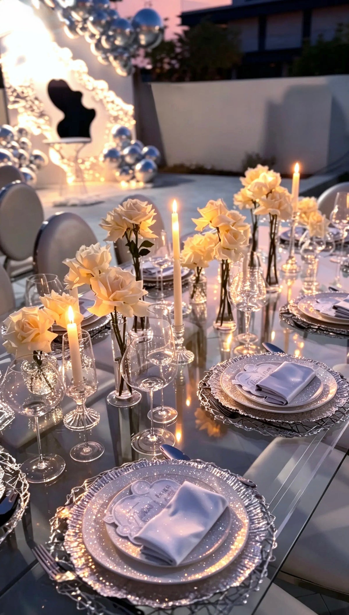 Table setup for 10 adults - white, silver, beige (rent)