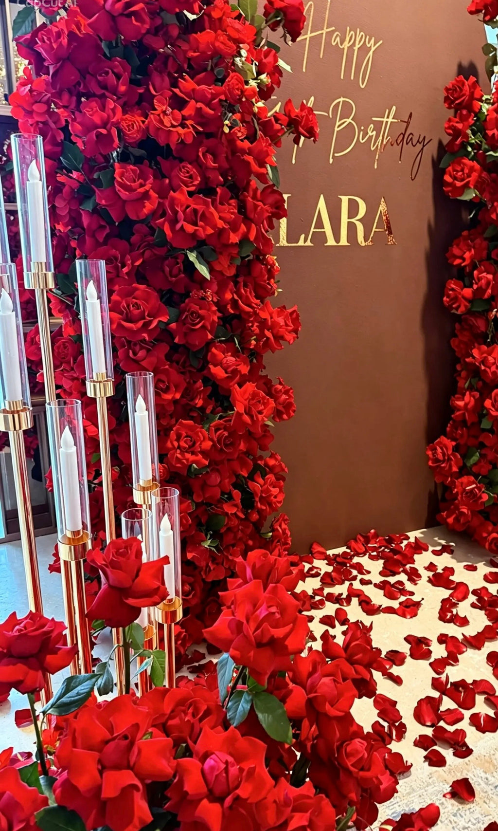 Red backdrop (photo zone) with red flowers (mix artificial and real) - roses, candle holders, candles (rent)
