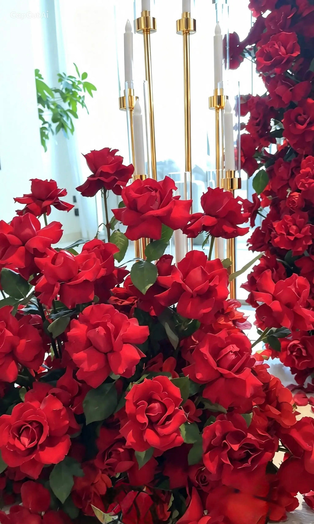 Red backdrop (photo zone) with red flowers (mix artificial and real) - roses, candle holders, candles (rent)