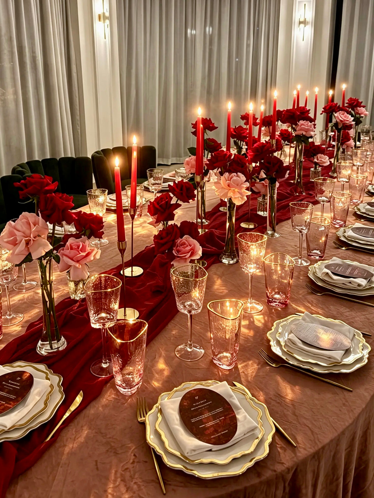 Table setup for 20 adults - red, pink, roses , candles (rent)