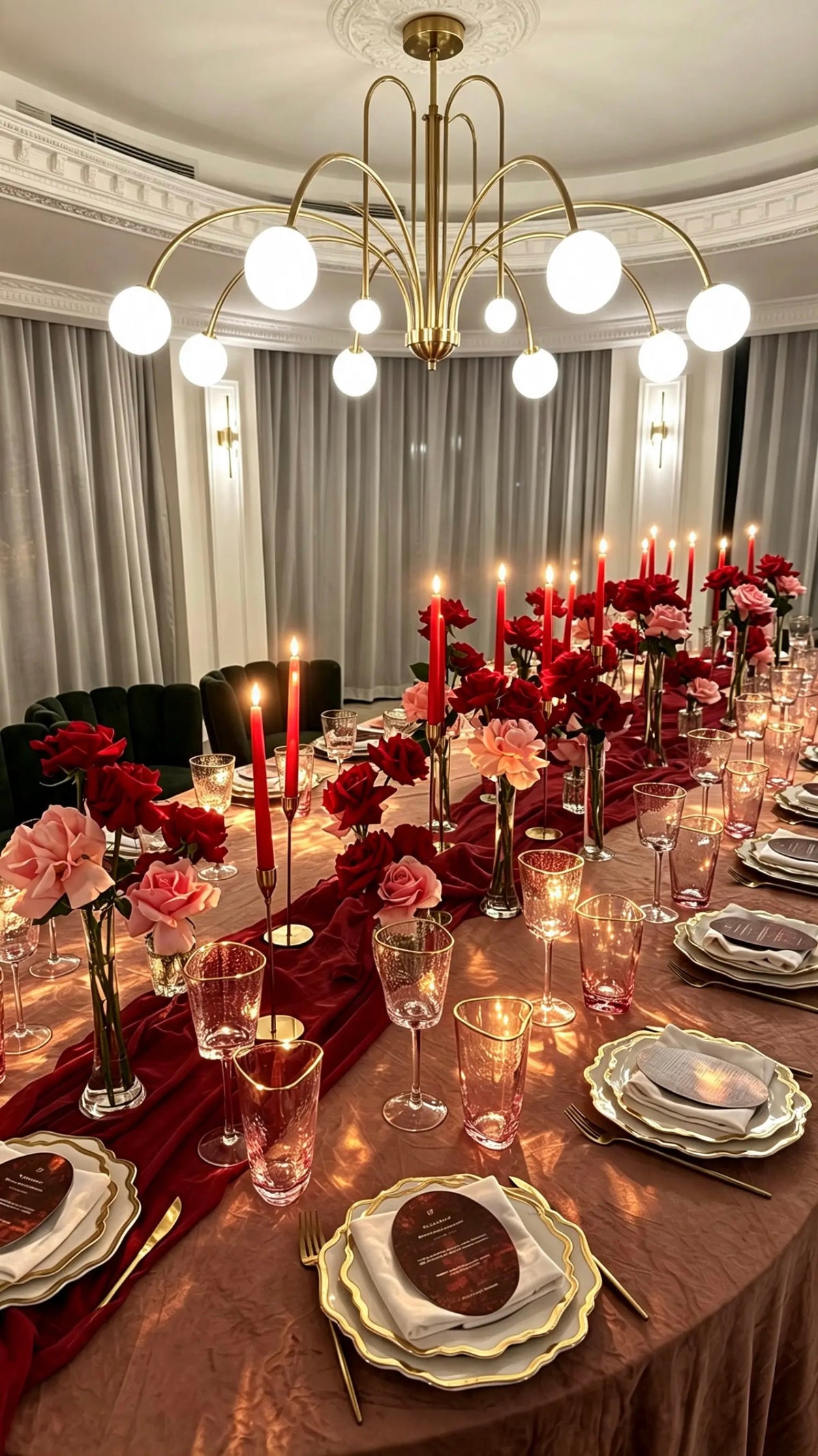 Table setup for 20 adults - red, pink, roses , candles (rent)