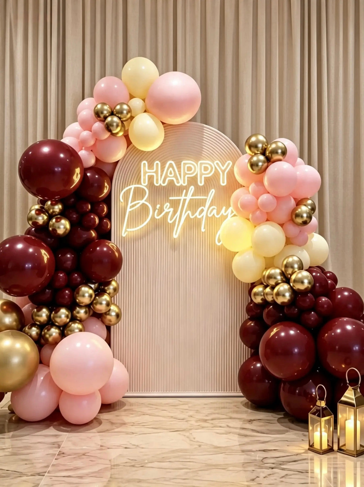 Backdrop (photo zone) with balloons — burgundy, ivory, and pink (rent)