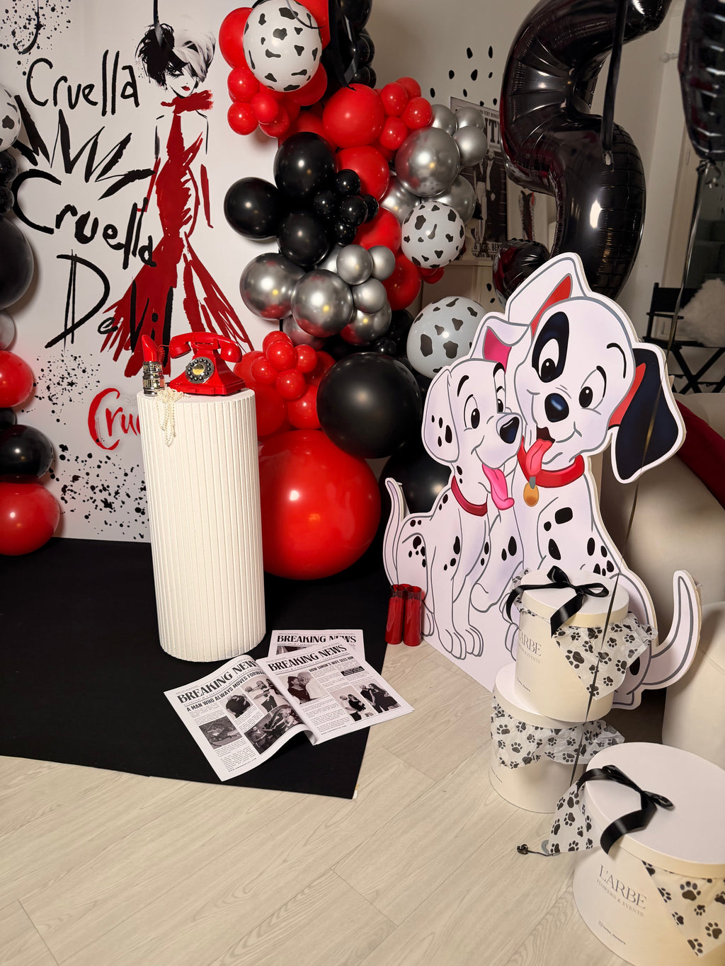 Cruella de Vil & 101 Dalmatians Black, White & Red Birthday Photo Backdrop with Balloon Decor – Rent