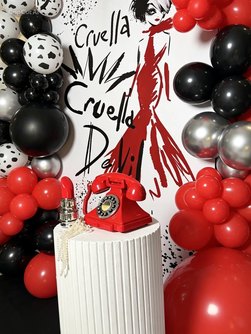Cruella de Vil & 101 Dalmatians Black, White & Red Birthday Photo Backdrop with Balloon Decor – Rent