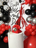 Cruella de Vil Luxury Black, White & Red Birthday Photo Backdrop with Balloon Decor – Rent