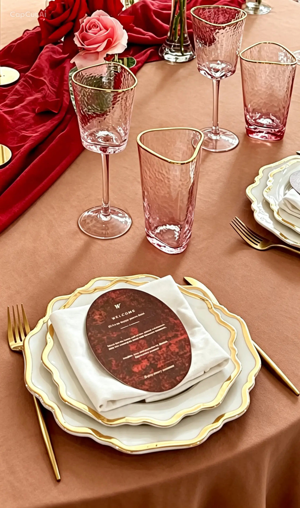 Table setup for 20 adults - red, pink, roses , candles (rent)
