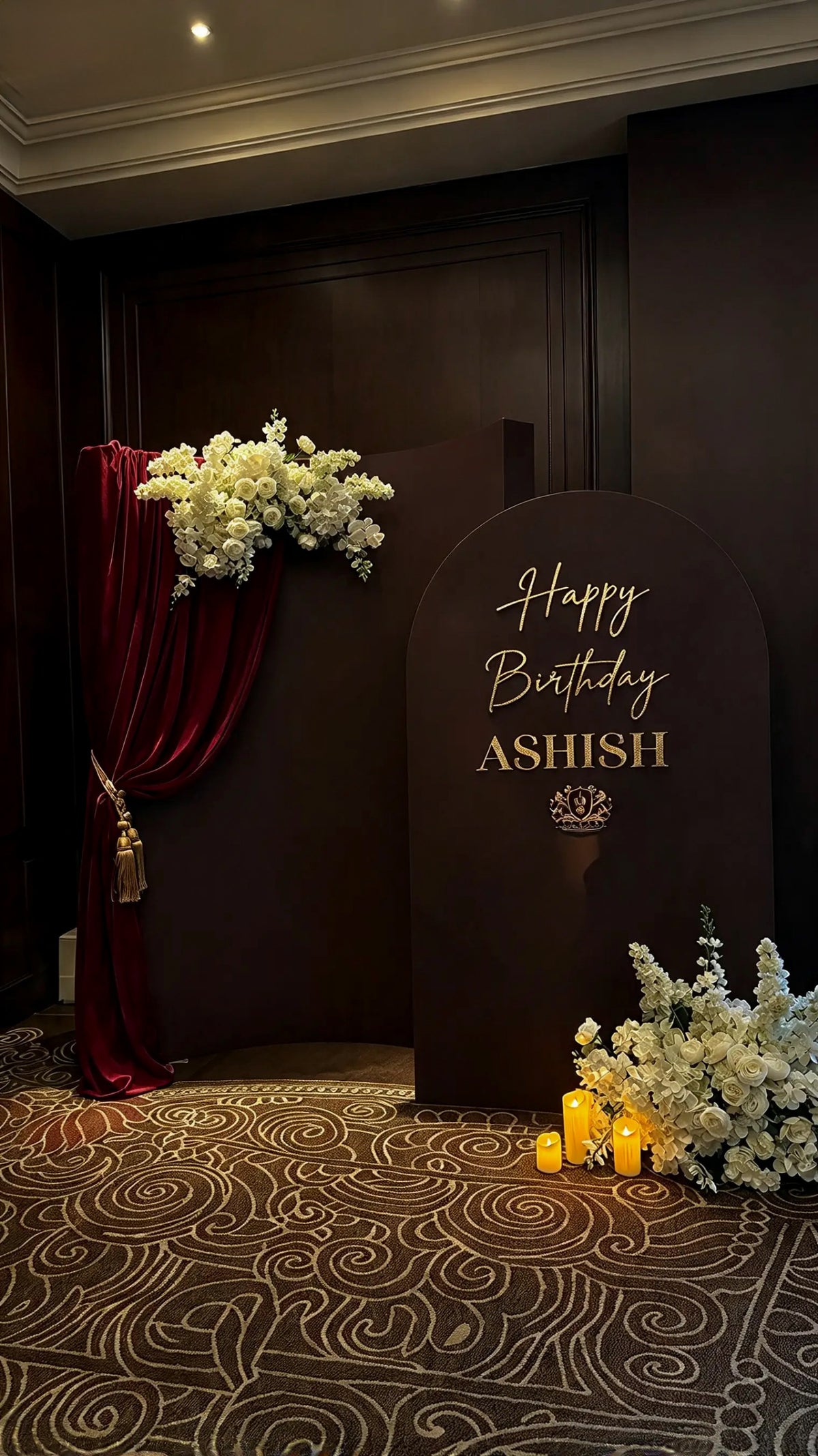 Elegant Burgundy & Gold Luxury Birthday Photo Backdrop with White Floral Decor (Birthday Backdrop) – Rent