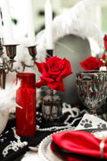 Cruella de Vil & 101 Dalmatians Luxury Black, White & Red Table Setting with Rose, Feather & Candle Decor (6 Guests) – Rent