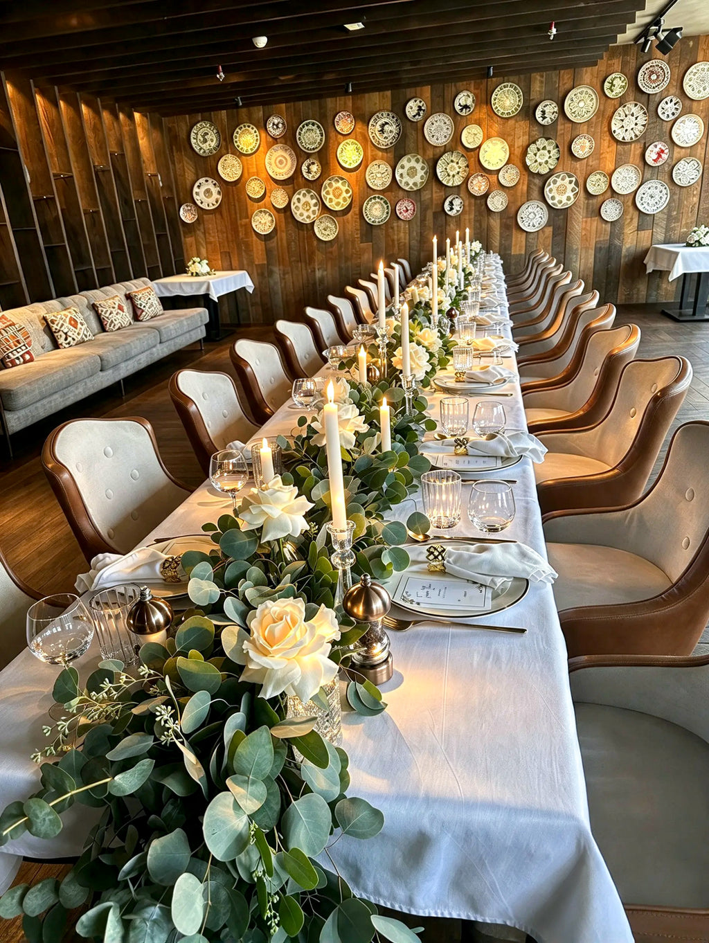Elegant White & Sage Green Table Setting with Eucalyptus Garland, White Roses & Candlelight (10 person) – Rent