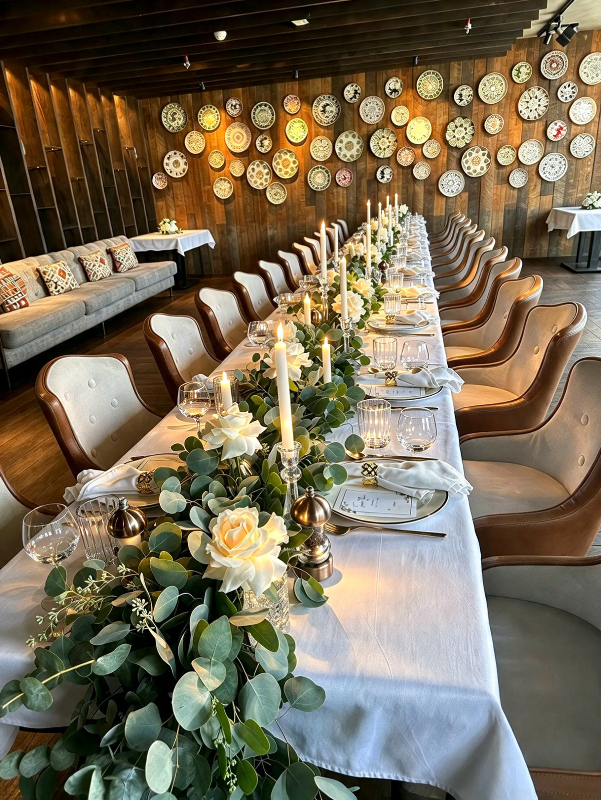 Elegant White & Sage Green Table Setting with Eucalyptus Garland, White Roses & Candlelight (10 person) – Rent