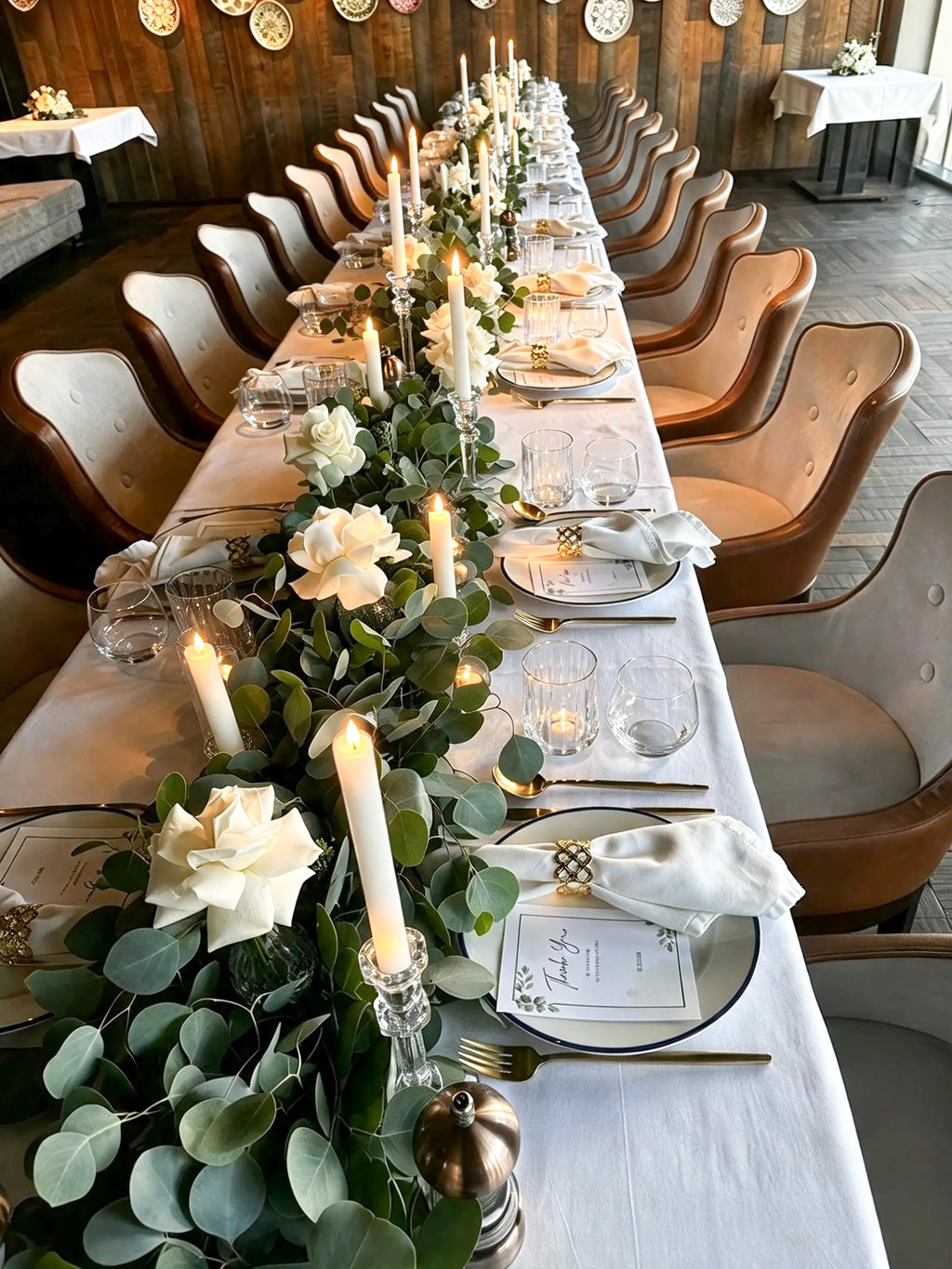 Elegant White & Sage Green Table Setting with Eucalyptus Garland, White Roses & Candlelight (10 person) – Rent