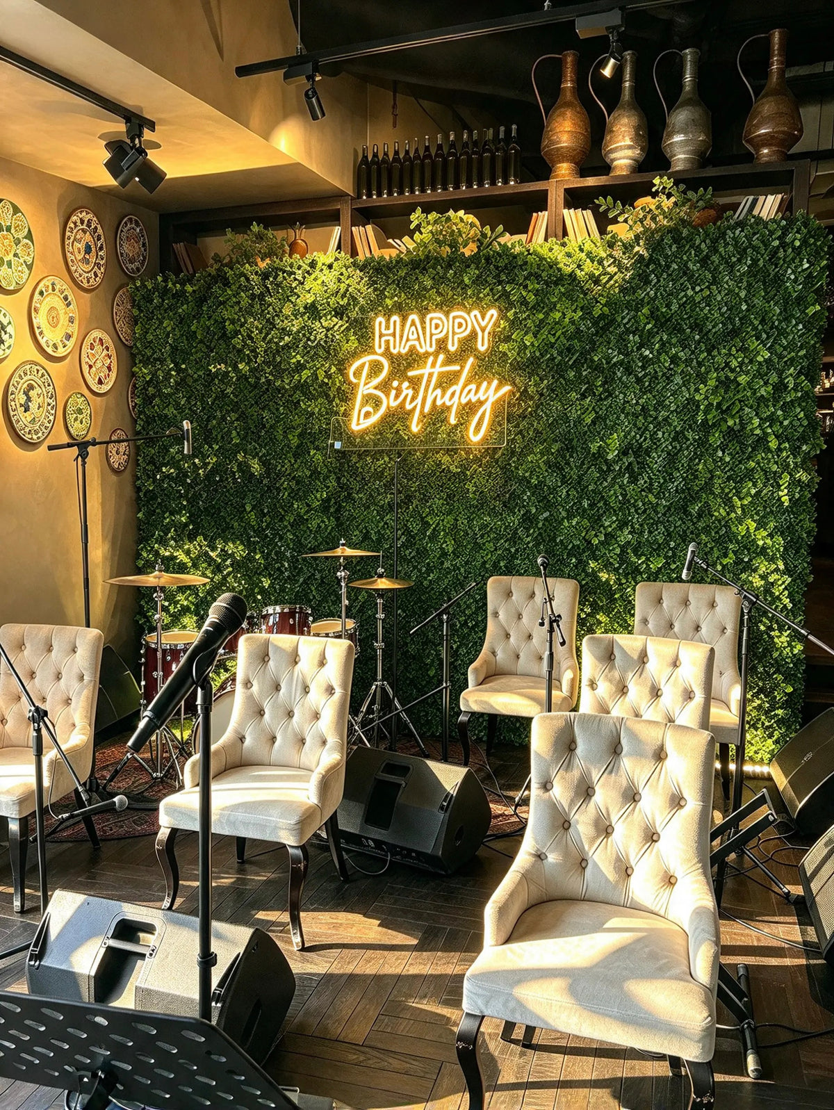 Elegant Green Birthday Stage Backdrop with Lush Greenery & Happy Birthday Neon Sign – Rent