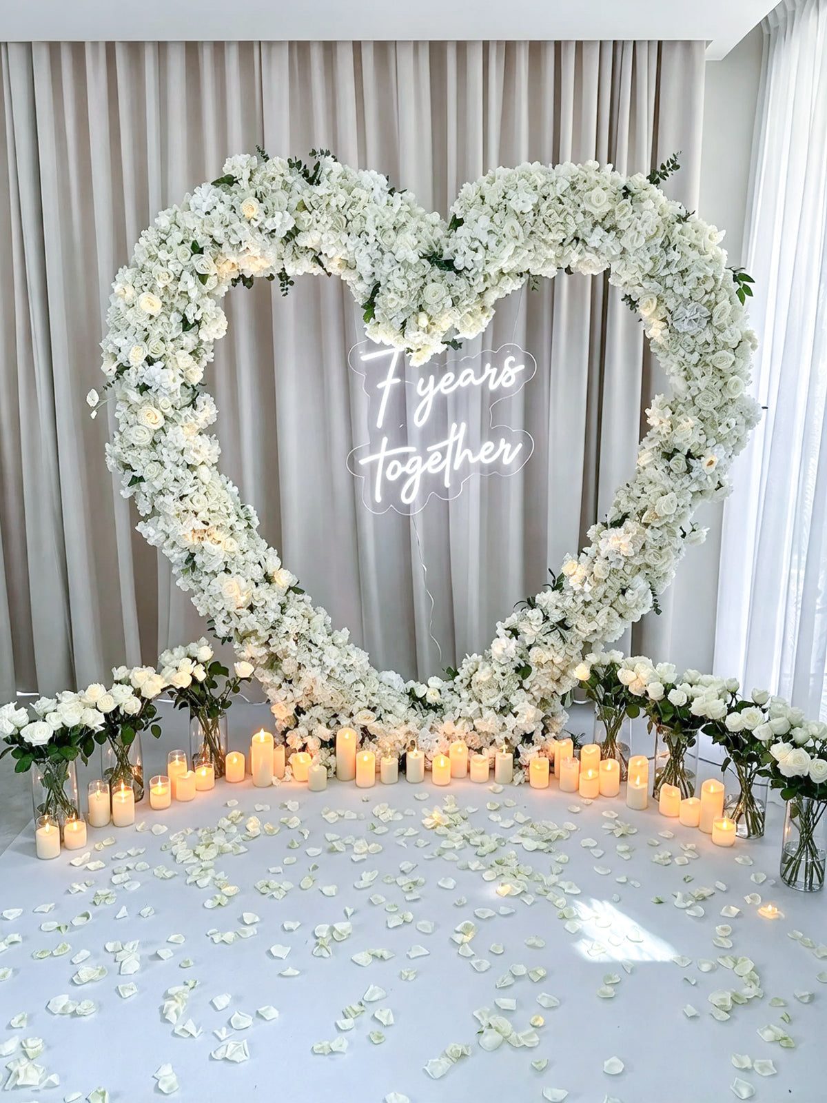 Elegant White Photo Backdrop with Heart-Shaped Floral Arch  – Rent