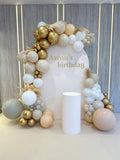 Elegant White, Champagne & Gold Birthday Photo Backdrop with Balloon Garland & Pampas Grass – Rent