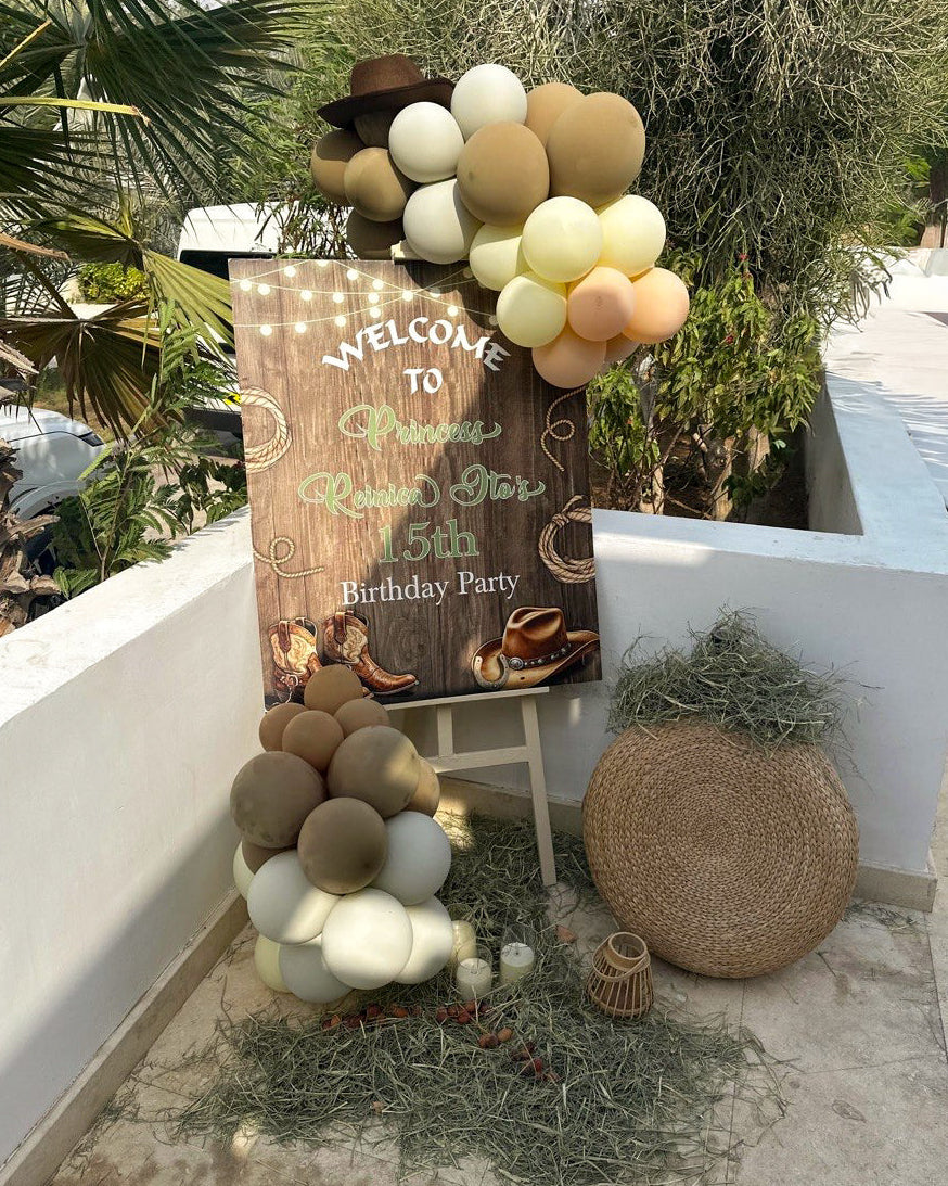 Rustic Western Cowboy Style Birthday Welcome Stand with Beige & Brown Balloon Garlands – Rent