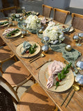 Elegant Rustic Western Style Table Setting with White Floral Centerpieces, Sage Green Accents & Gold Tableware (10 Guests) – Rent
