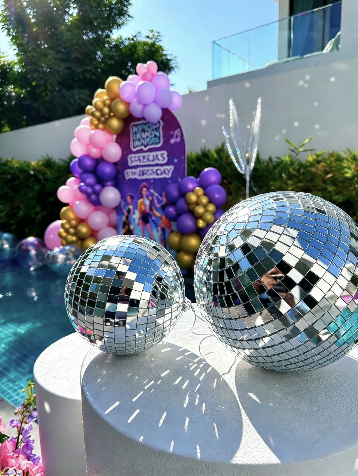 KPop Demon Hunters Themed Birthday Photo Zone with Pink, Purple & Gold Balloon Garlands & Disco Decor – Rent