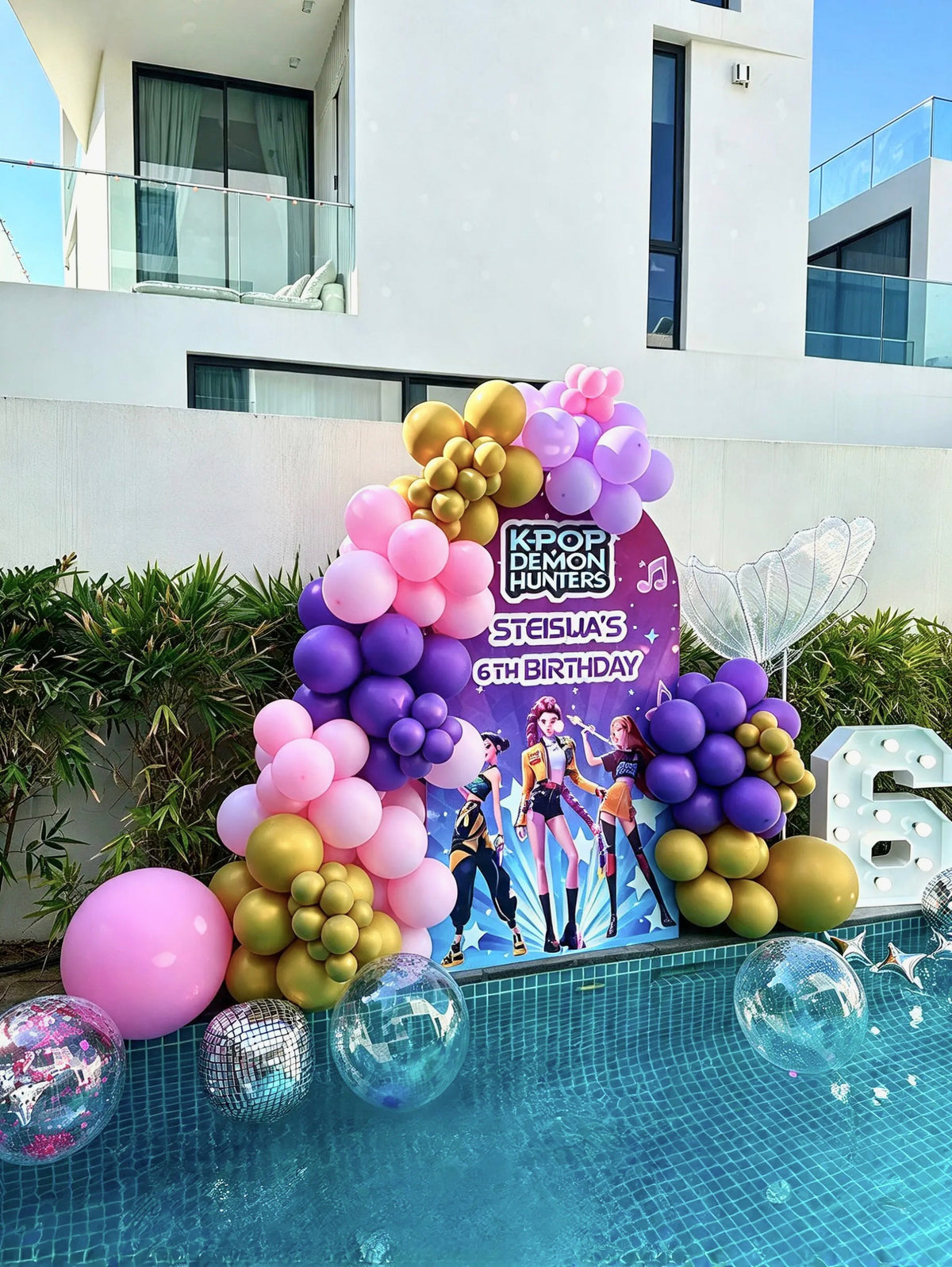 KPop Demon Hunters Themed Birthday Photo Zone with Pink, Purple & Gold Balloon Garlands & Disco Decor – Rent