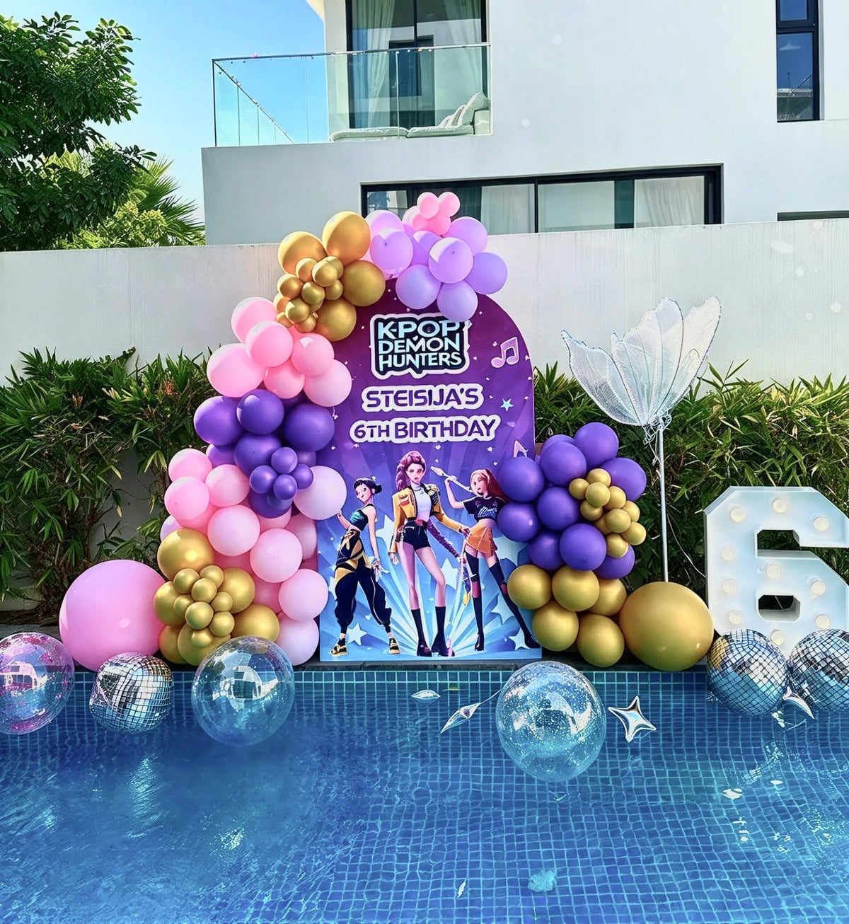 KPop Demon Hunters Themed Birthday Photo Zone with Pink, Purple & Gold Balloon Garlands & Disco Decor – Rent