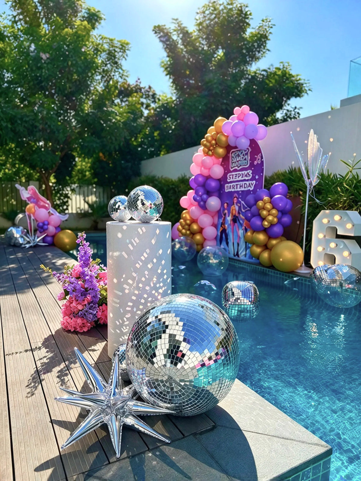 KPop Demon Hunters Themed Birthday Photo Zone with Pink, Purple & Gold Balloon Garlands & Disco Decor – Rent