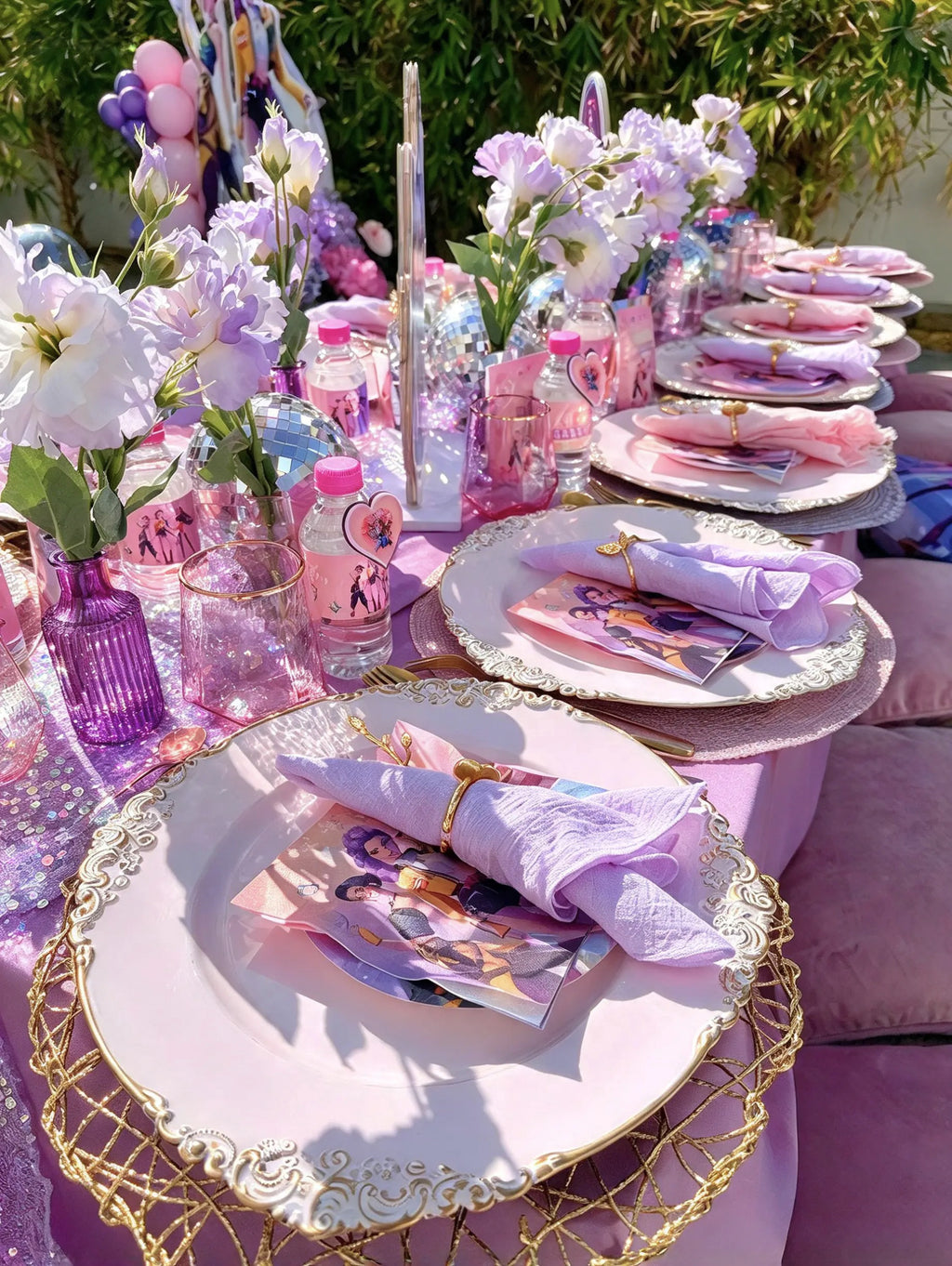 KPop Demon Hunters Themed Birthday Table Setting with Pink & Purple Floral Decor, Gold Tableware & Disco Accents (10 kids) – Rent
