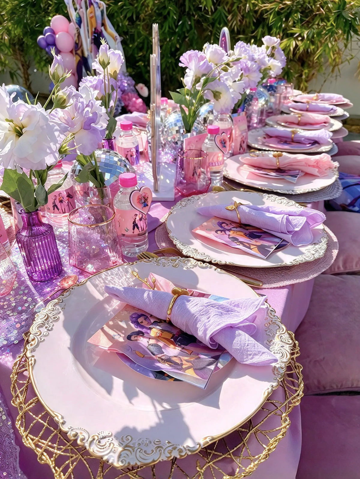 KPop Demon Hunters Themed Birthday Table Setting with Pink & Purple Floral Decor, Gold Tableware & Disco Accents (10 kids) – Rent