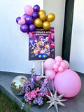 KPop Demon Hunters Themed Birthday Welcome Stand with Pink, Purple & Gold Balloon Garlands, Floral Decor & Disco Accents – Rent