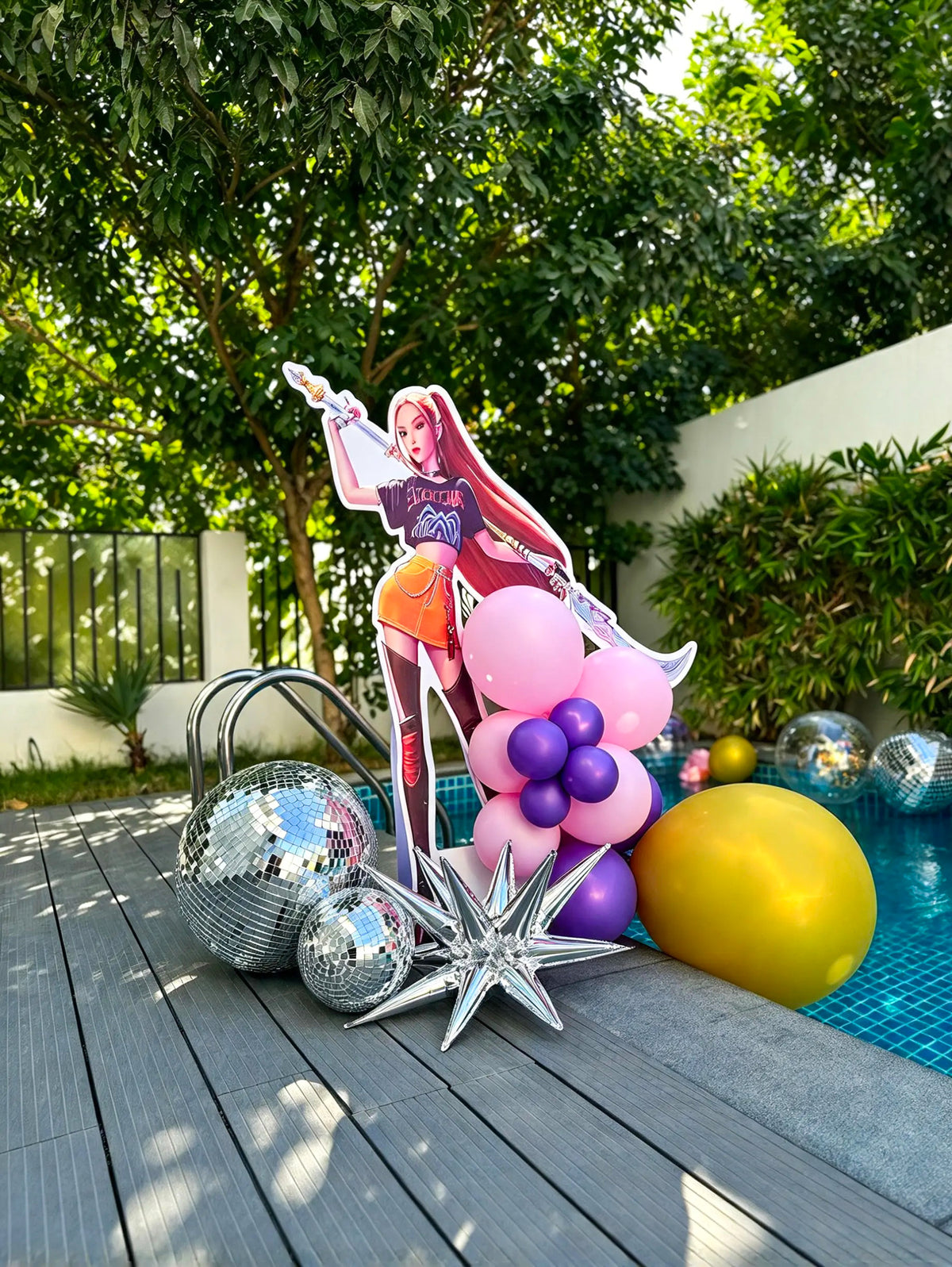 KPop Demon Hunters Themed Birthday Character Standee with Pink & Purple Balloon Decor, Floral Arrangements & Disco Accents (1 pcs)– Rent