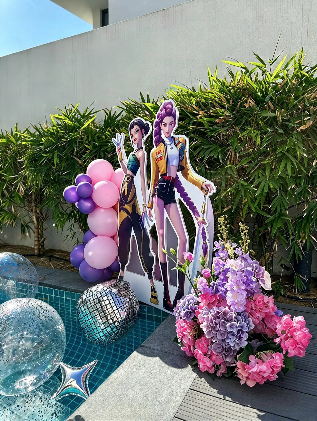 KPop Demon Hunters Themed Birthday Character Standee with Pink & Purple Balloon Decor, Floral Arrangements & Disco Accents (1 pcs)– Rent
