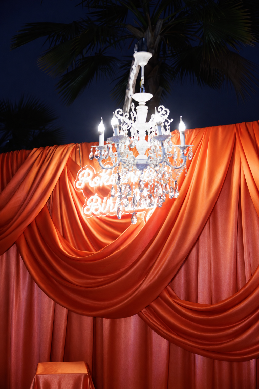 Elegant Orange & Luxury Birthday Photo Backdrop with Crystal Chandelier (Halloween backdrop)- rent