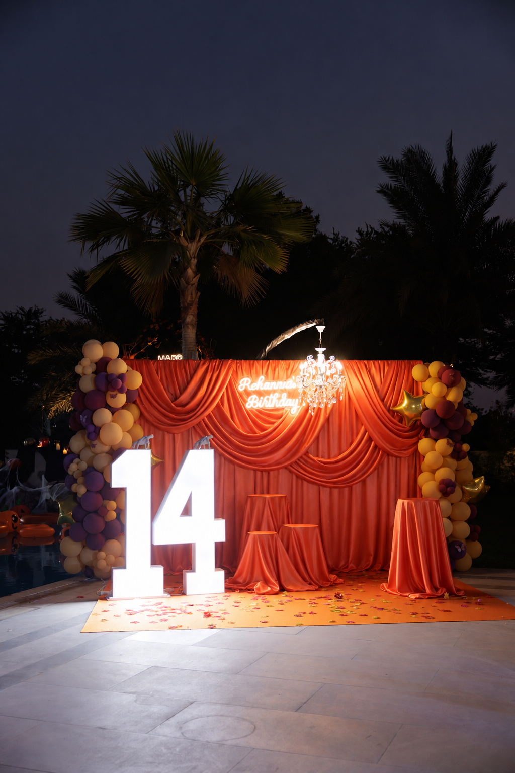 Elegant Orange & Luxury Birthday Photo Backdrop with Crystal Chandelier (Halloween backdrop)- rent