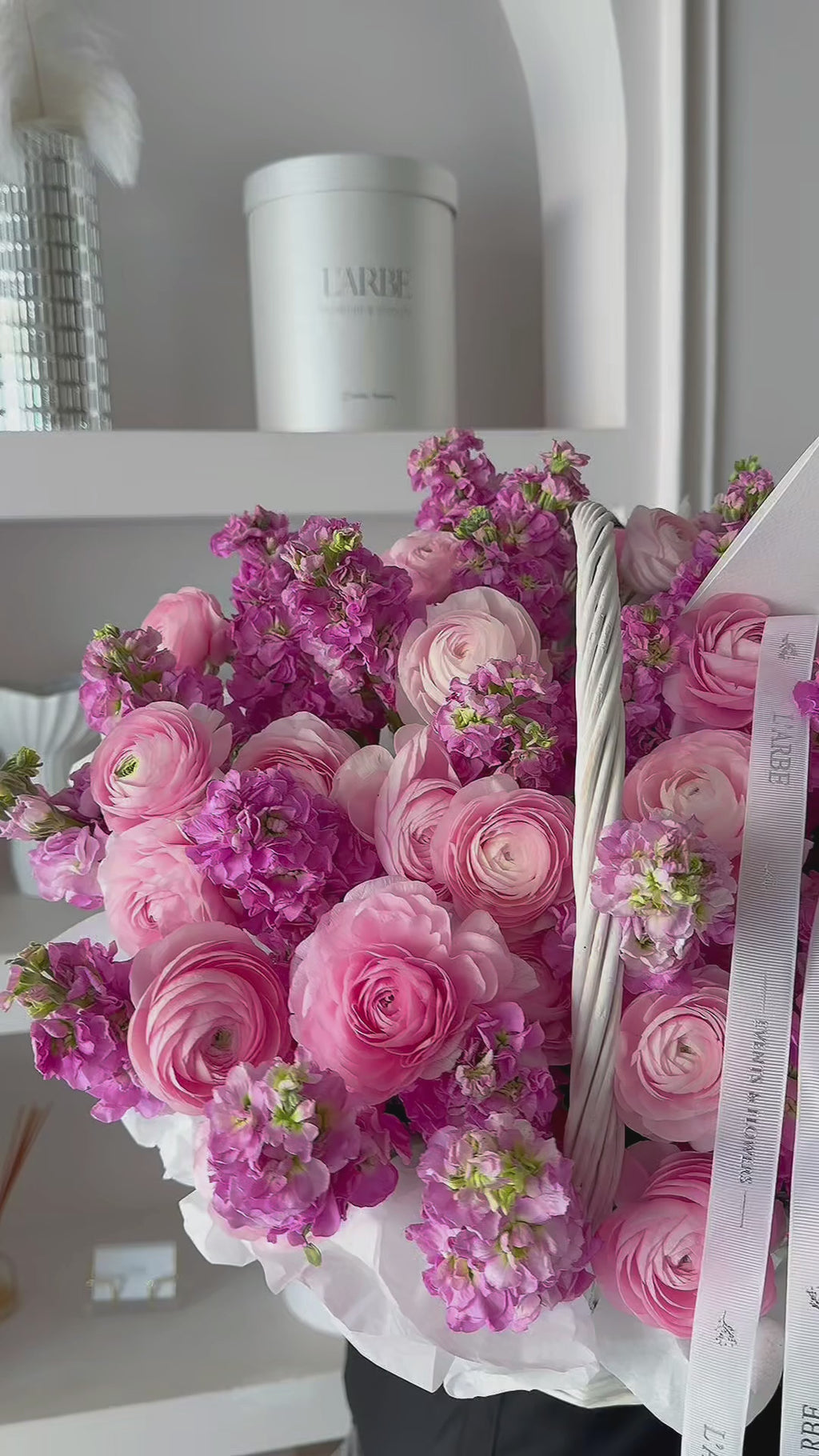 FLOWERS BASKET WITH PINK RANUNCULUS AND MATHIOLA