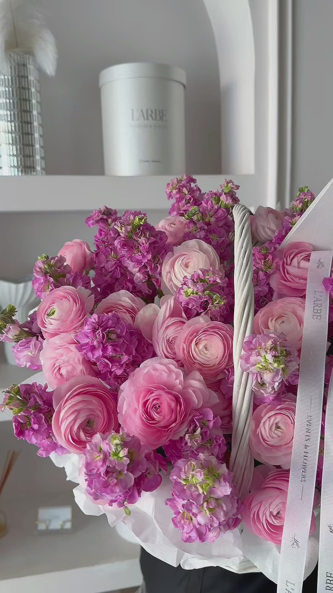 FLOWERS BASKET WITH PINK RANUNCULUS AND MATHIOLA