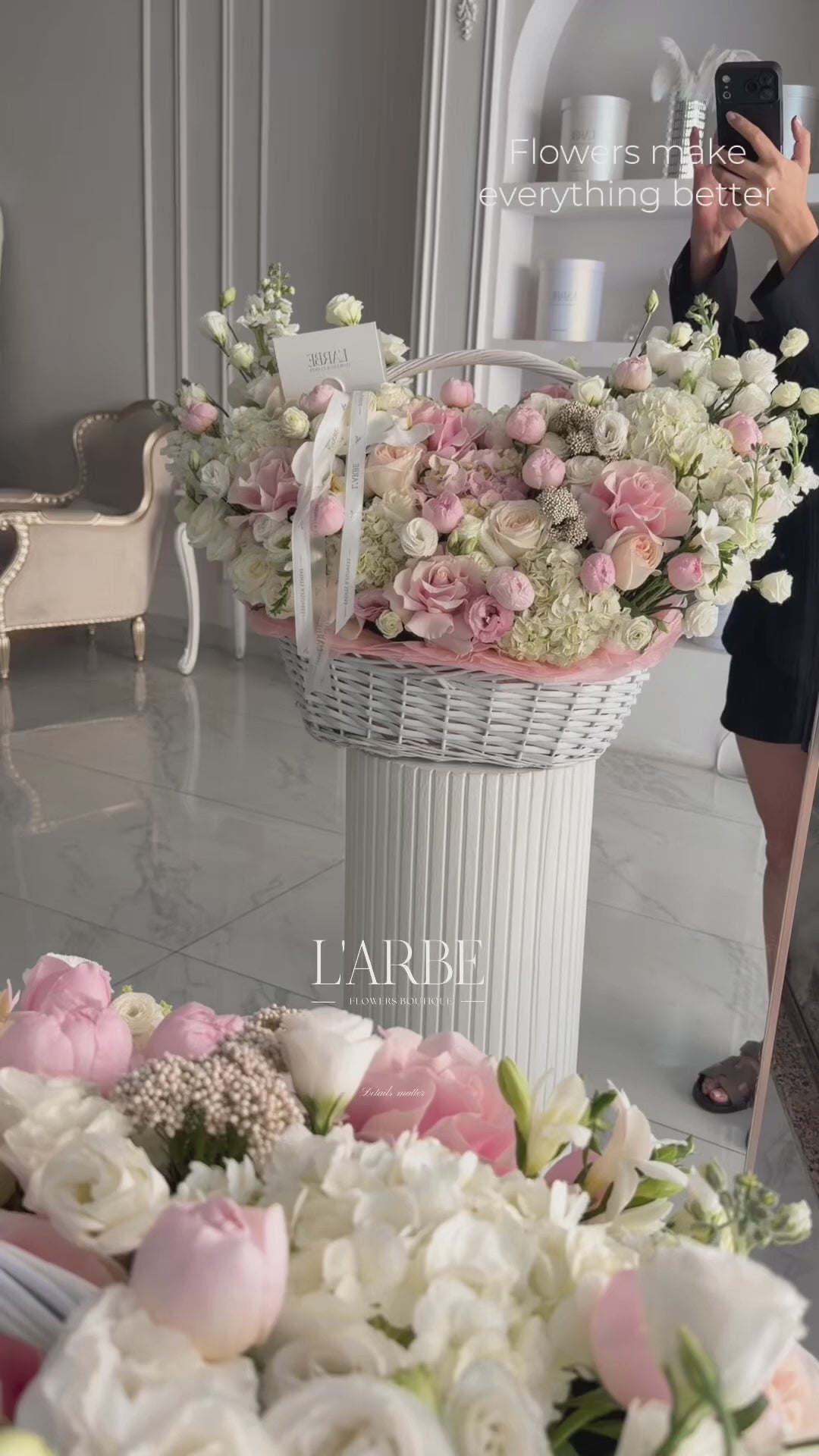 LIGHT PINK BASKET WITH HYDRANGEA, PEONY ROSES “Blush Affair”