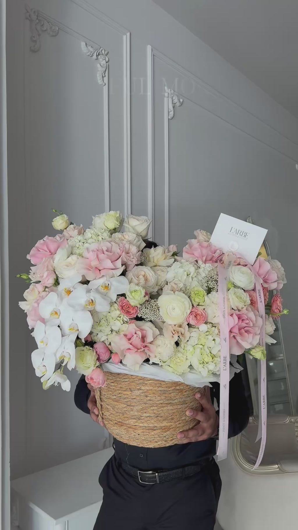 FLOWERS BOUQUET IN A BASKET WITH ORHID FRENCH ROSES “BREEZE”