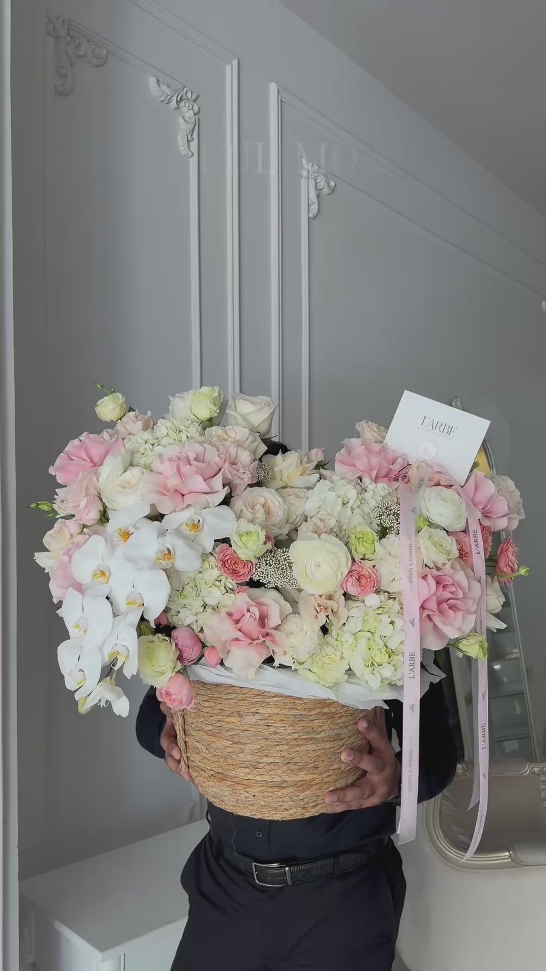 FLOWERS BOUQUET IN A BASKET WITH ORHID FRENCH ROSES “BREEZE”