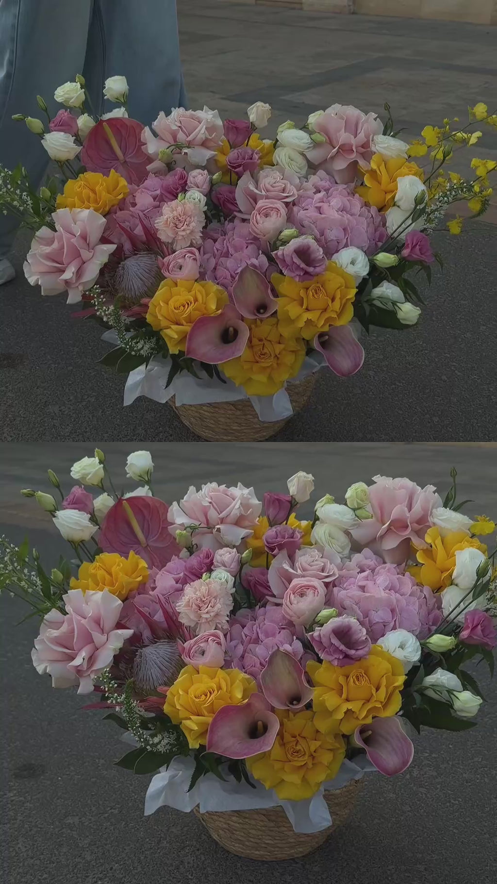 FLOWERS BASKET WITH EUSTOMA HYDRANGEA “GOLDEN HOUR”