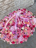 BASKET WITH PEONIES, RANUNCULUS, GARDEN ROSES