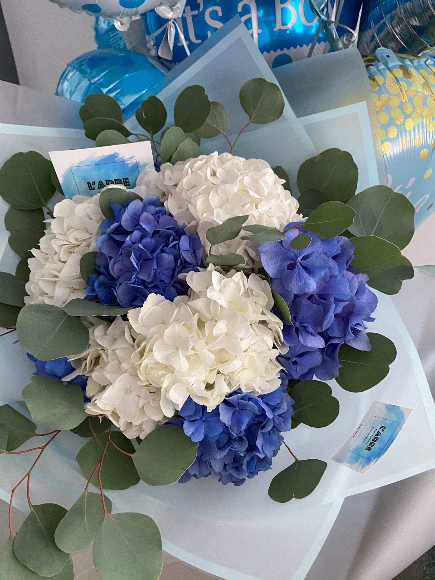 Mix flowers bouquet “Hydrangea with eucaliptys”