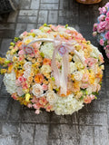 YELLOW PEACH FLOWERS BOUQUET IN BASKET WITH ROSES, HYDRANGEA, DIANTHUS AND ALSTROEMERIA