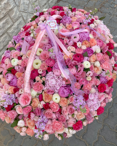 BASKET WITH PEONIES, RANUNCULUS, GARDEN ROSES