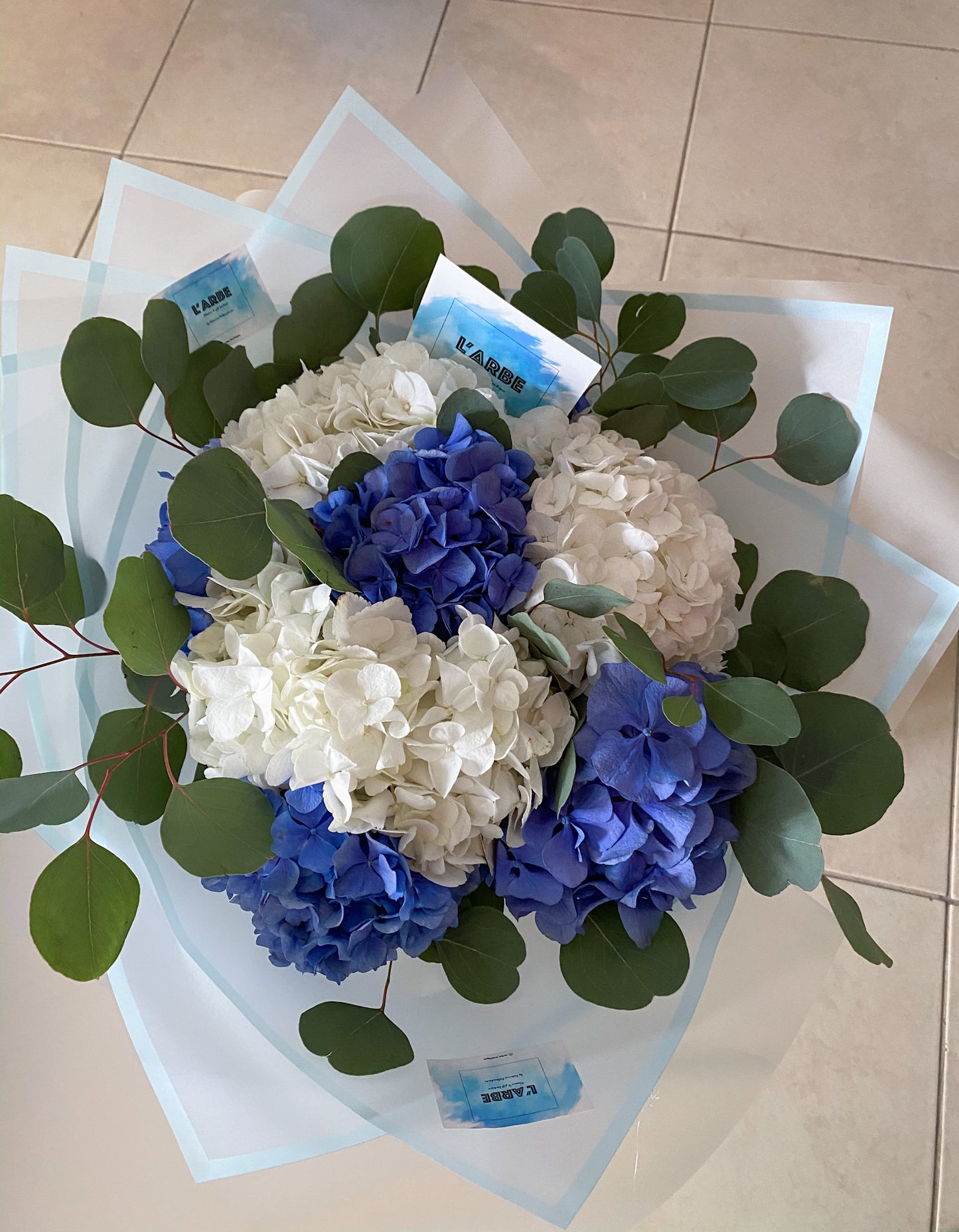 Mix flowers bouquet “Hydrangea with eucaliptys”